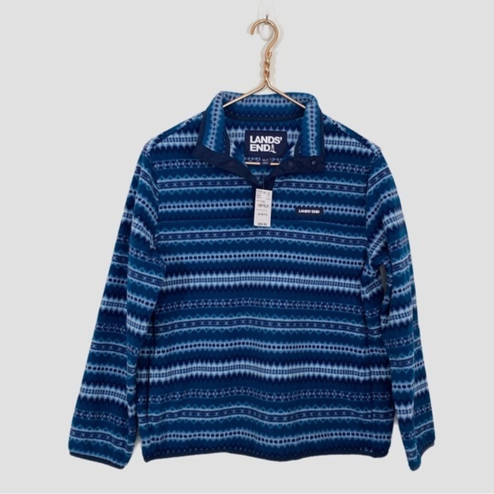 Lands' End NWT Medium 8/10 Fleece Pullover Snap Neck Sweatshirt Top Blue Printed